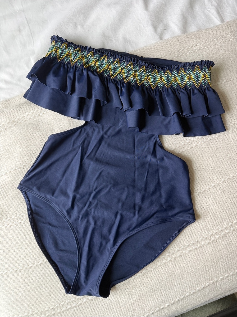 aerie Navy One-Piece Swimsuit with Multicolor Smocked Ruffle